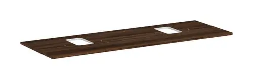 Konsole von Hansgrohe aus Holz mit zwei Ausschnitten, passend für Aufsatzwaschtische. Die Oberfläche hat eine dunkle Nussbaum-Optik.